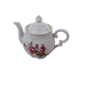 Porcelain 3C Teapot Music Box "Tea for Two" Hand Painted Floral Gold Trim Vtg